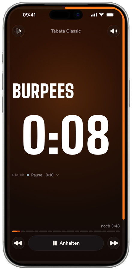 Laufender Timer Tabata Classic: Burpees, noch 0:08, als Nächstes Pause 0:10