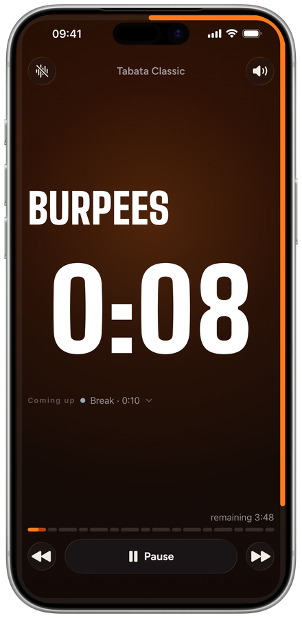 Running timer Tabata Classic: burpees, 0:08 left, break 0:10 up next