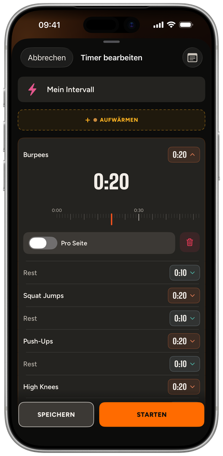 Timer bearbeiten: eigener Timer „Mein Intervall“ mit Burpees, Squat Jumps, Push-Ups und High Knees, je 0:20 und dazwischen 0:10 Pause