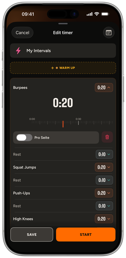 Editing a timer: your own timer “My Intervals” with burpees, squat jumps, push-ups and high knees, 0:20 each with 0:10 rest in between