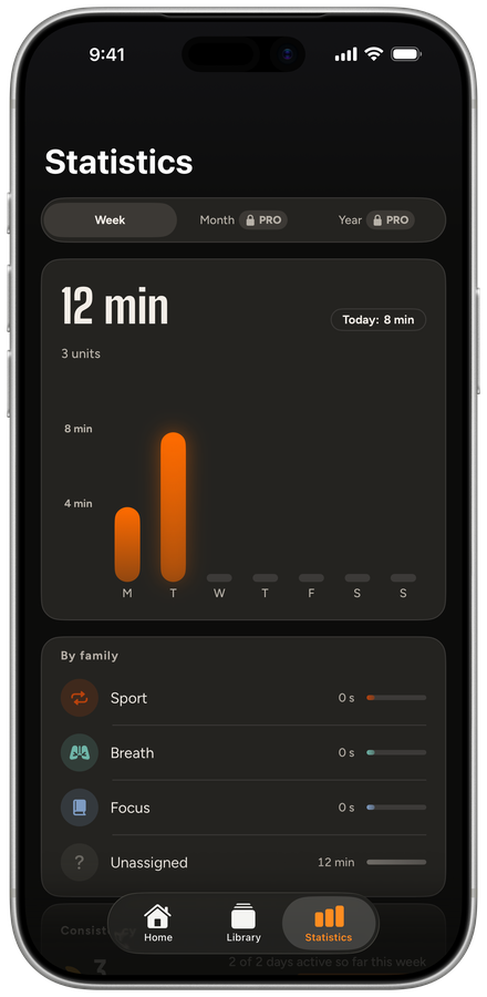 Statistics in the free version: 12 minutes this week, 3 units, month and year marked PRO