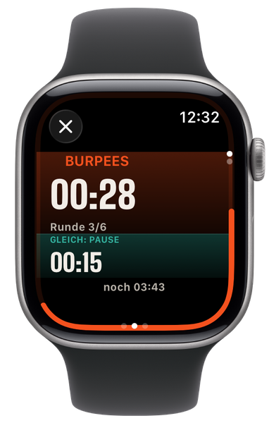 Intervall auf der Apple Watch: Burpees, noch 00:28, Runde 3 von 6, gleich Pause