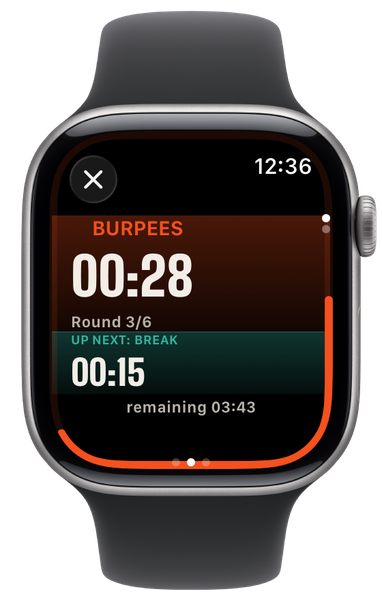 Interval on Apple Watch: burpees, 00:28 left, round 3 of 6, rest up next